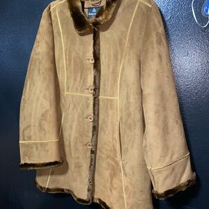 Dennis Basso faux suede and faux fur-lined mid-length coat in brown/tan